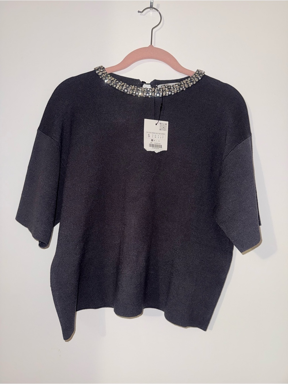Zara Dark Gray Short-Sleeve Top with Jewel-Trim Neckline